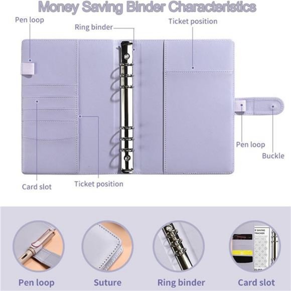 100 Envelopes Money Saving Challenge Book, PU Leather Saving Binder - Picture 3 of 8